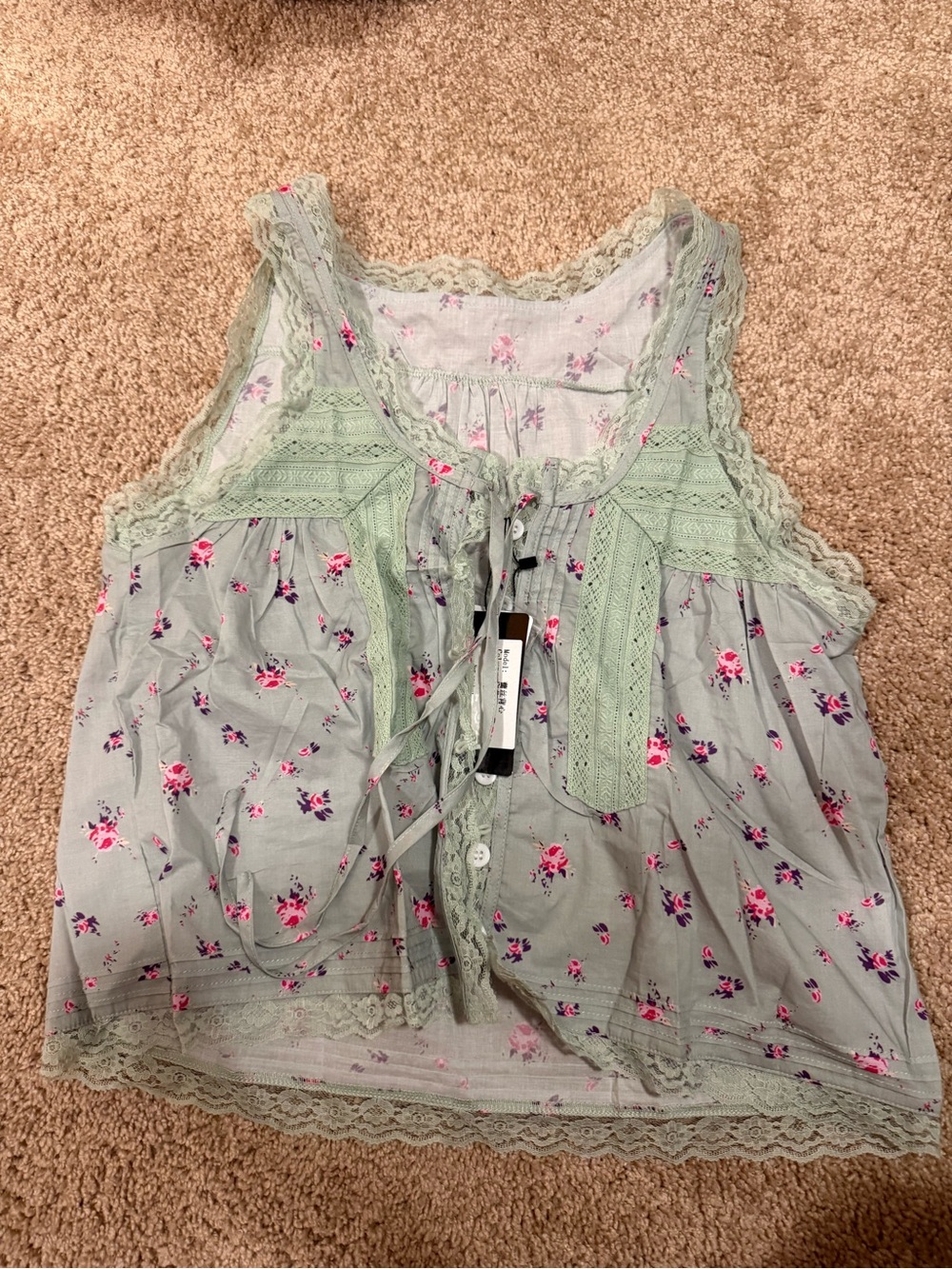 Floral Lace-Trim Sleeveless Top - Sage Green
